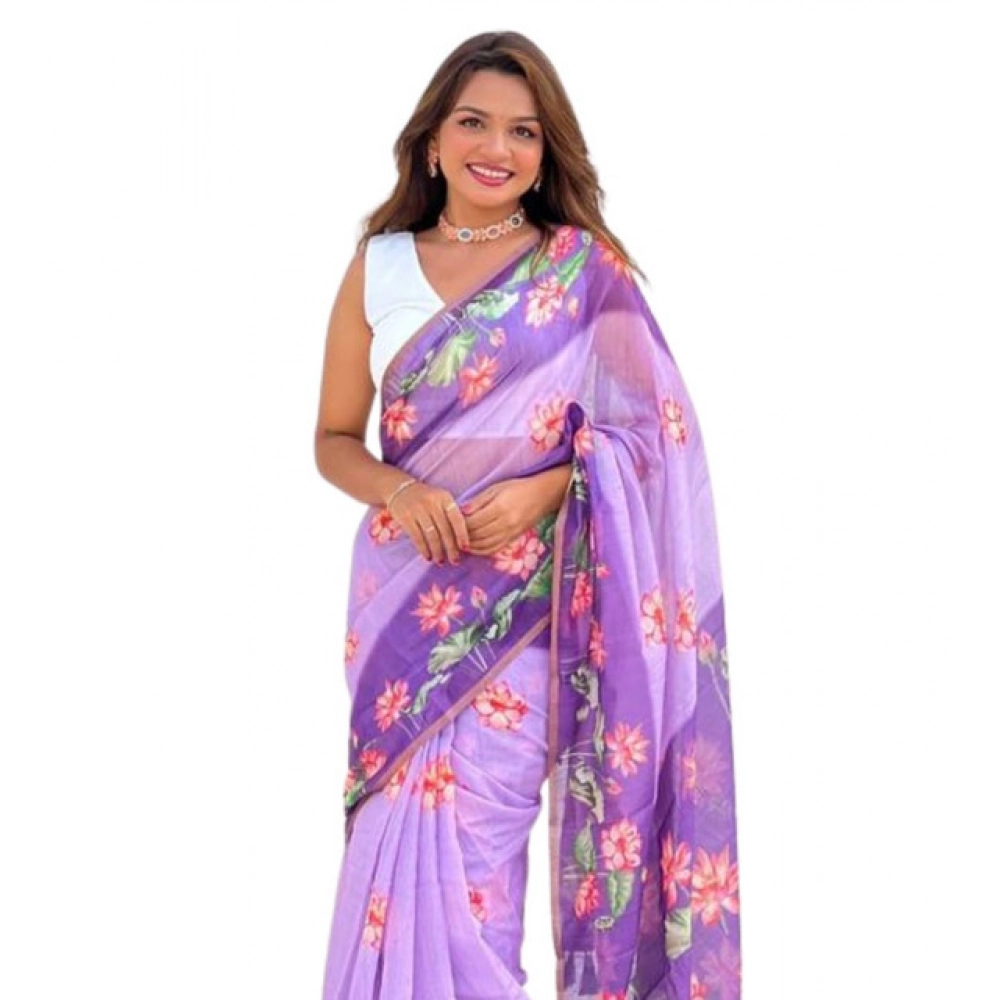 Generic Women's Linen Printed Saree With Unstitched Blouse 5.5Mtr (Purple)
