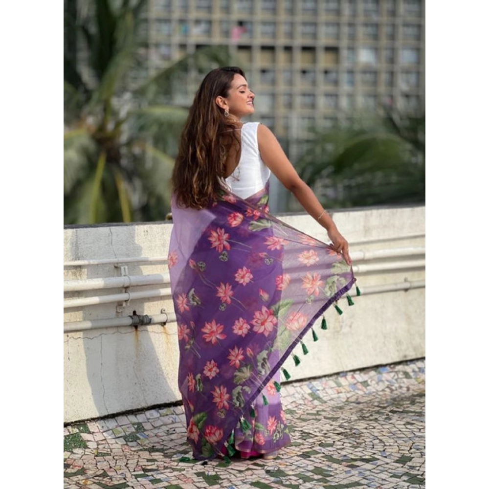 Generic Women's Linen Printed Saree With Unstitched Blouse 5.5Mtr (Purple) - Image 4