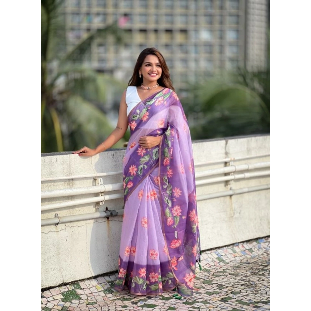 Generic Women's Linen Printed Saree With Unstitched Blouse 5.5Mtr (Purple) - Image 3