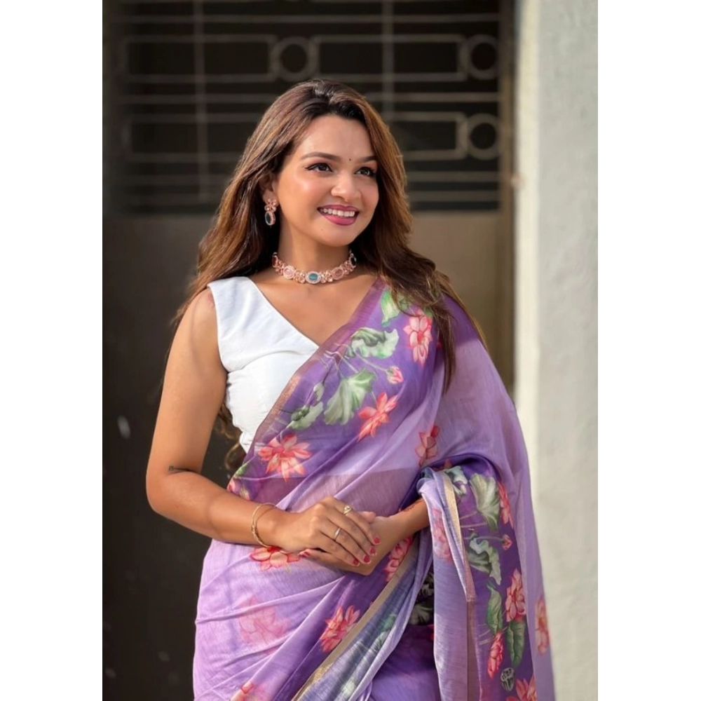 Generic Women's Linen Printed Saree With Unstitched Blouse 5.5Mtr (Purple) - Image 2