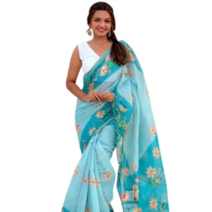 Generic Women's Linen Printed Saree With Unstitched Blouse 5.5Mtr (Aqua)