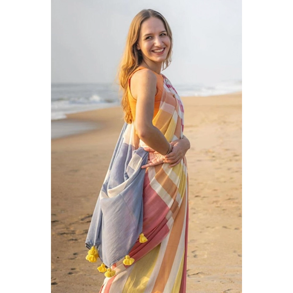 Generic Women's Linen Printed Saree With Unstitched Blouse 5.5Mtr (Yellow) - Image 3