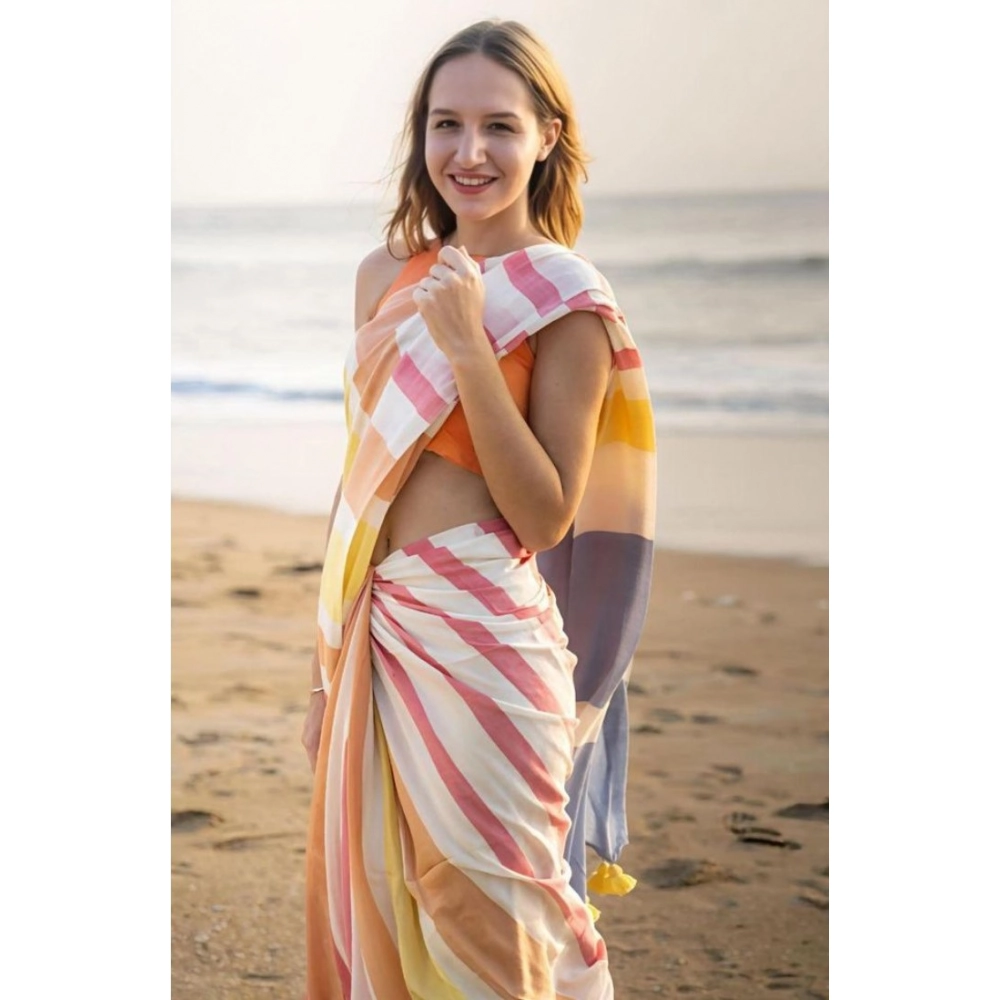 Generic Women's Linen Printed Saree With Unstitched Blouse 5.5Mtr (Yellow) - Image 2