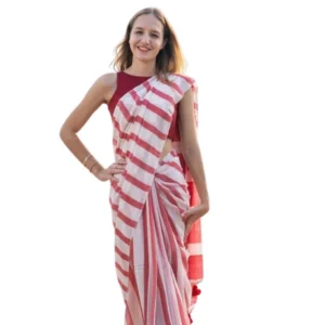 Generic Women's Linen Printed Saree With Unstitched Blouse 5.5Mtr (Red)