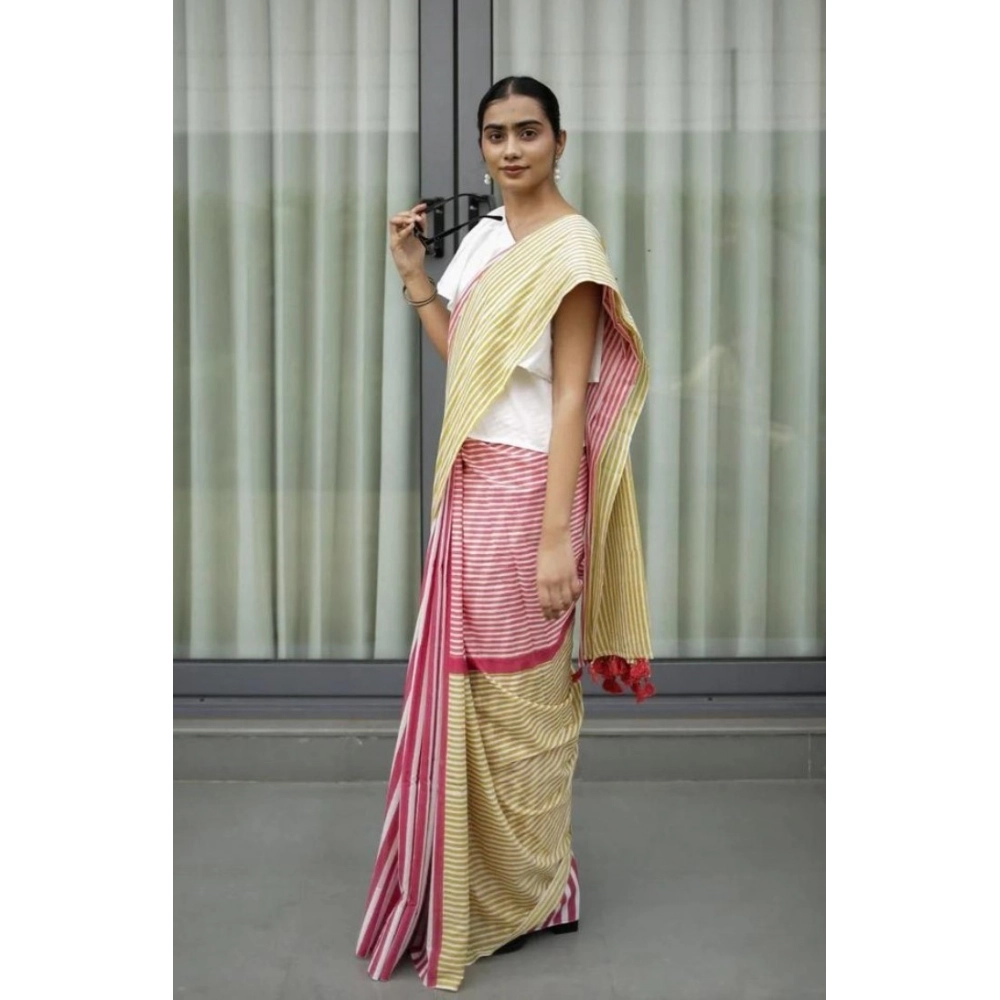 Generic Women's Linen Printed Saree With Unstitched Blouse 5.5Mtr (Yellow) - Image 4