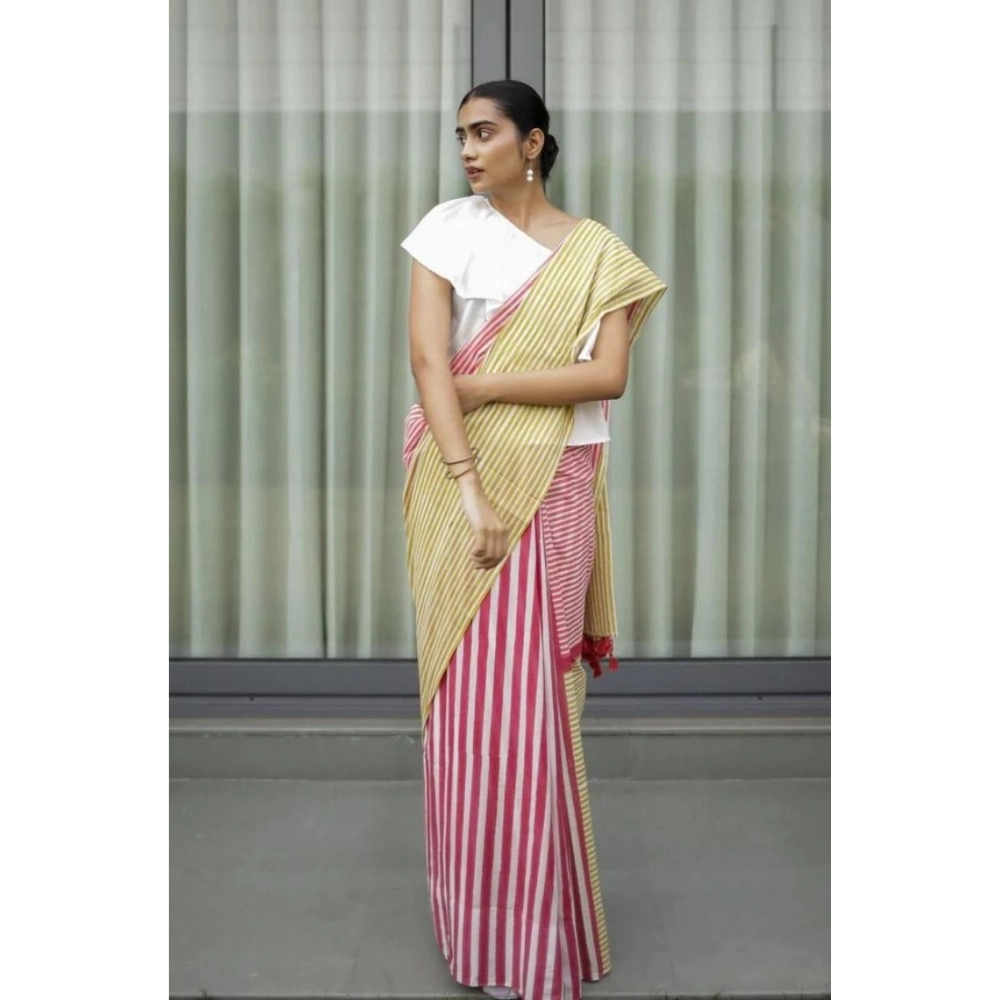 Generic Women's Linen Printed Saree With Unstitched Blouse 5.5Mtr (Yellow) - Image 3