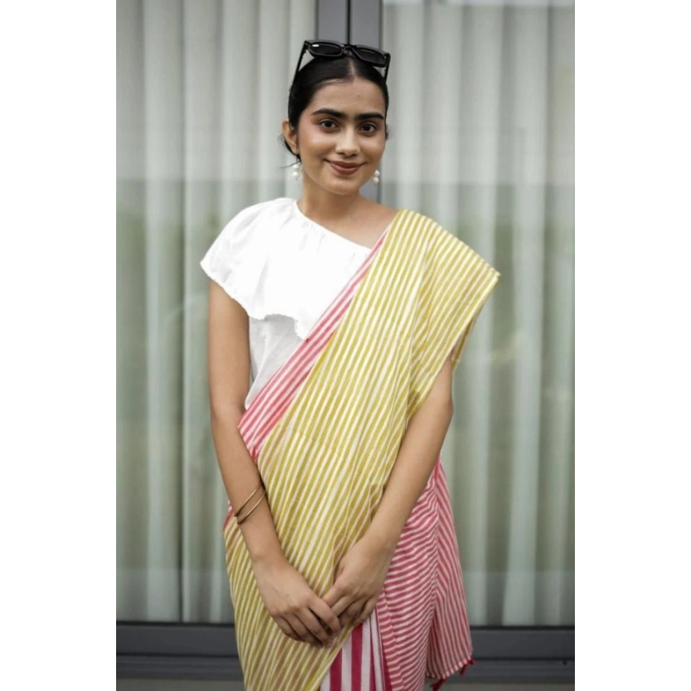 Generic Women's Linen Printed Saree With Unstitched Blouse 5.5Mtr (Yellow) - Image 2