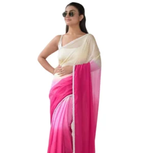 Generic Women's Linen Printed Saree With Unstitched Blouse 5.5Mtr (Pink)